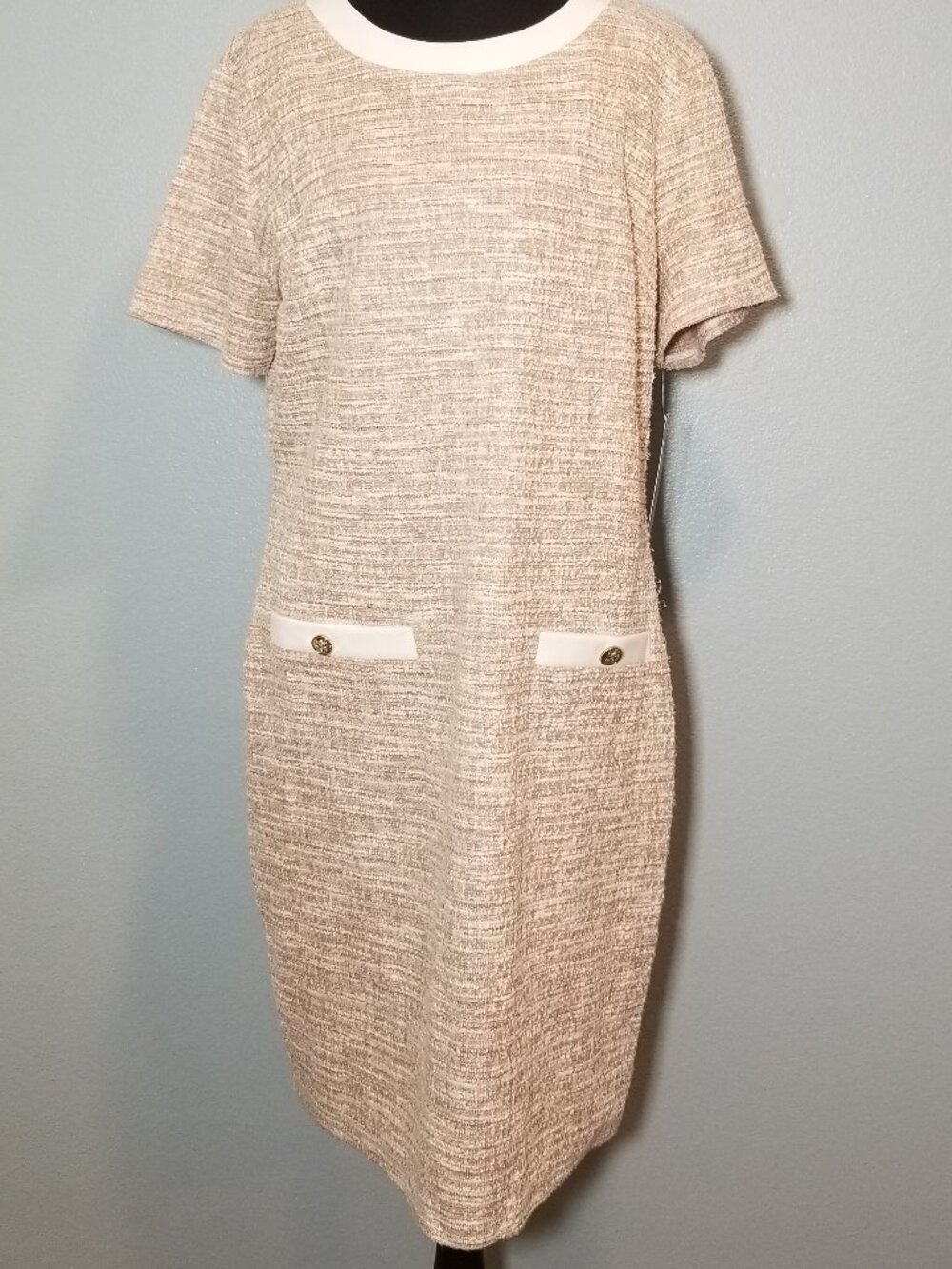Stella & Julie Size 14 Tan Tweed Short Sleeve Dress Sheath Retro 60's City NWT
